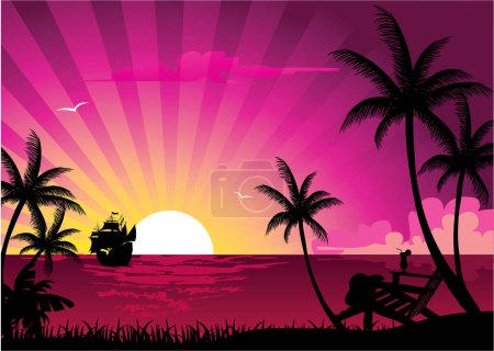 Ilustración de Silueta de una playa con una puesta de sol., vector de ilustración - Imagen libre de derechos