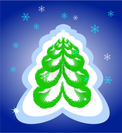 Téléchargez les illustrations : Arbre de Noël sur le fond bleu, flocons de neige, illustration vectorielle - en licence libre de droit