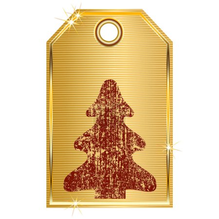 Ilustración de Etiqueta de Navidad de oro con árbol, vector de ilustración - Imagen libre de derechos
