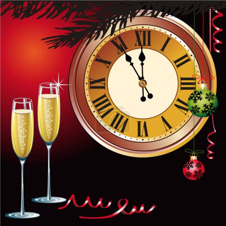 Téléchargez les illustrations : Carte de Noël avec champagne, horloge et sapin de Noël - en licence libre de droit