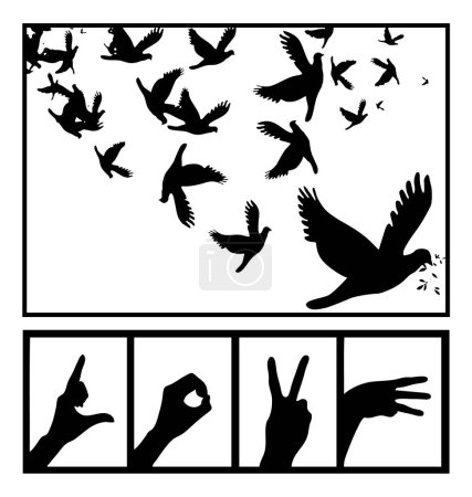 Téléchargez les illustrations : Jeu d'oiseaux et de mains, illustration vectorielle - en licence libre de droit