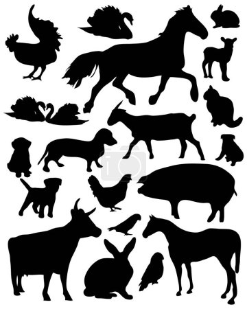 Téléchargez les illustrations : Ensemble de silhouettes d'animaux, illustration vectorielle design simple - en licence libre de droit