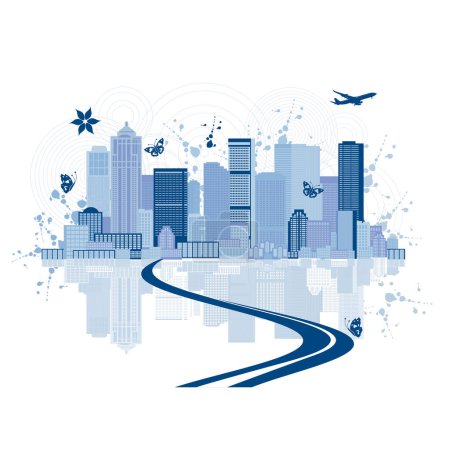 Illustration for Vector city skyline silhouette with flying plane - Royalty Free Image