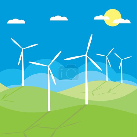 Téléchargez les illustrations : Éoliennes sur le terrain illustration vectorielle - en licence libre de droit