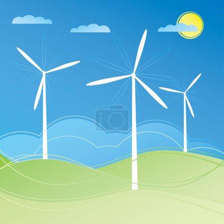 Ilustración de Turbinas eólicas en el campo verde. - Imagen libre de derechos