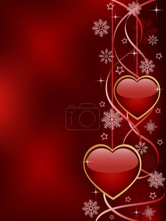 Illustration for Red background with a hearts and christmas decorations - Royalty Free Image