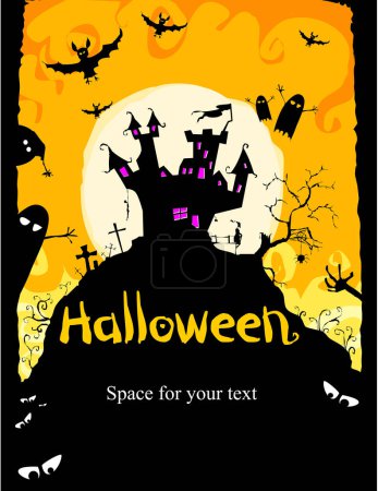 Ilustración de Cartel de Halloween con castillo, murciélagos y luna - Imagen libre de derechos