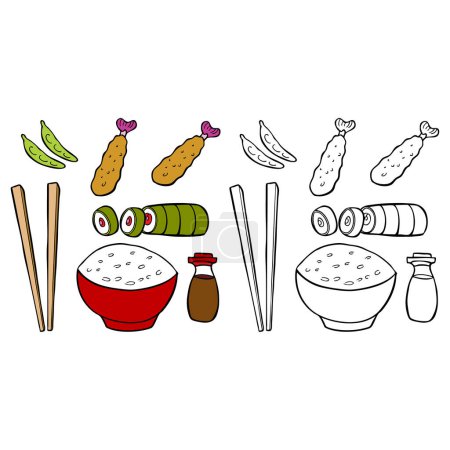 Téléchargez les illustrations : Ensemble de nourriture japonaise et baguettes. nourriture japonaise. cuisine japonaise. Des sushis. illustration vectorielle - en licence libre de droit