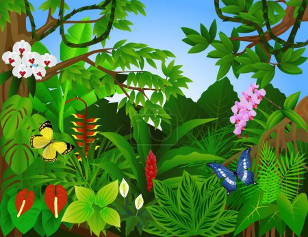Illustration for Jungle background with tropical plants, vector illustration - Royalty Free Image