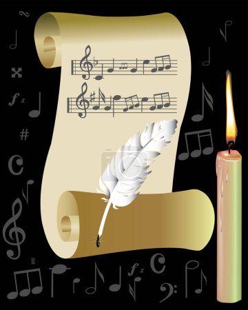 Illustration for Vector illustration of a musical notes and a scroll - Royalty Free Image
