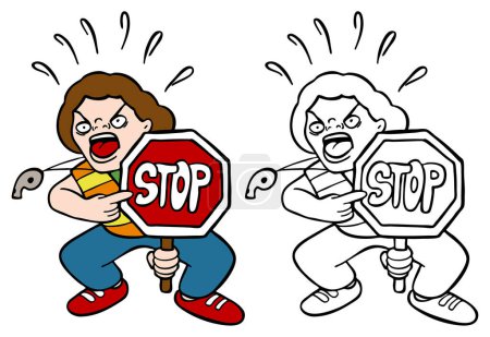 Téléchargez les illustrations : Illustration vectorielle de dessin animé de femme agressive en colère avec stop signe - en licence libre de droit