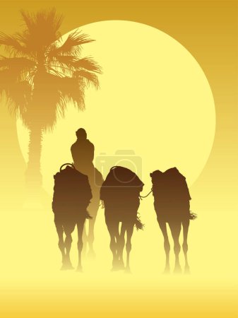 Illustration for Silhouettes of camels in desert - Royalty Free Image