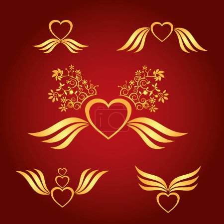 Ilustración de Corazón dorado con flores y corazones sobre fondo rojo - Imagen libre de derechos