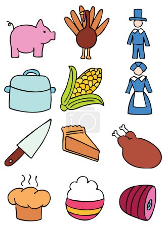 Téléchargez les illustrations : Jeu vectoriel d'icônes de Thanksgiving - en licence libre de droit