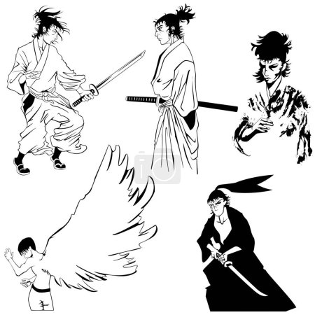 Illustration for Set of black silhouettes of japanese martial art, samurai, sword, sword and samurai. isolated on white background. - Royalty Free Image