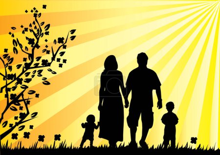 Illustration for Illustration with family at sunset, nature and silhouettes - Royalty Free Image