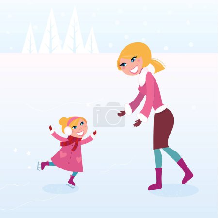 Téléchargez les illustrations : Fille mignonne et sa mère jouer avec une neige d'hiver - en licence libre de droit