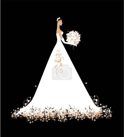 Téléchargez les illustrations : Mariée vectorielle en robe de mariée avec des fleurs. carte de mariage. - en licence libre de droit