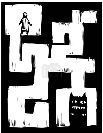 Téléchargez les illustrations : Illustration vectorielle en noir et blanc du labyrinthe - en licence libre de droit