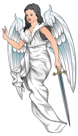 Téléchargez les illustrations : Ange avec ailes et épée, illustration vectorielle design simple - en licence libre de droit