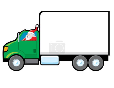Téléchargez les illustrations : Camion portant le cadeau de Noël avec chauffeur Père Noël - en licence libre de droit