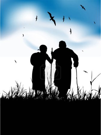 Téléchargez les illustrations : Silhouette d'un couple sur le terrain, illustration vectorielle design simple - en licence libre de droit