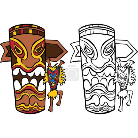Téléchargez les illustrations : Illustration vectorielle de gribouille de dessin animé masque tribal - en licence libre de droit
