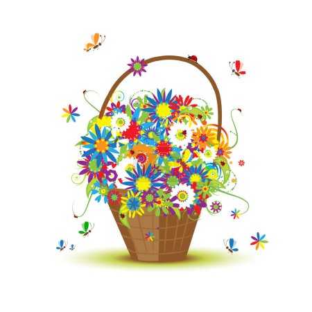 Téléchargez les illustrations : Illustration vectorielle d'un panier de fleurs colorées - en licence libre de droit