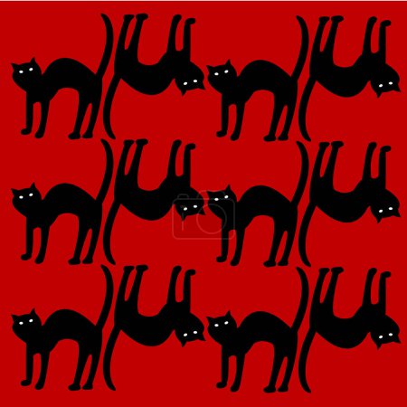 Ilustración de Patrón sin costuras con gatos negros sobre un fondo rojo. ilustración vectorial - Imagen libre de derechos