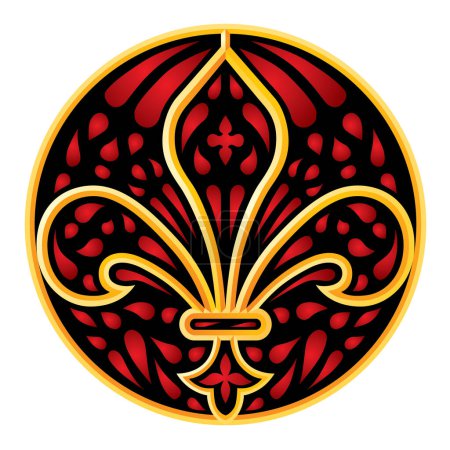 Ilustración de Ilustración vectorial de un escudo de oro rojo con un patrón sobre un fondo blanco. - Imagen libre de derechos