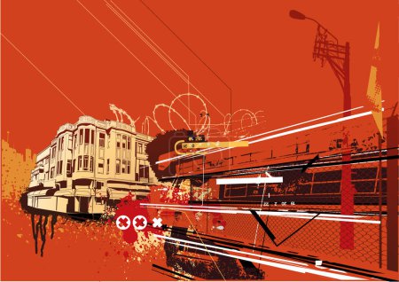 Téléchargez les illustrations : Train dans la vieille ville sur fond rouge abstrait - en licence libre de droit