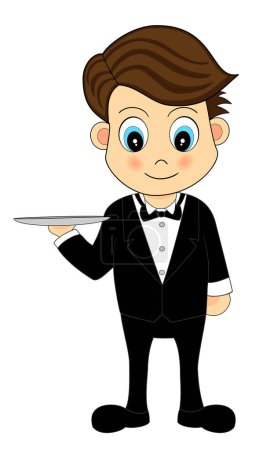 Illustration for Waiter with tray vector, cartoon illustration - Royalty Free Image