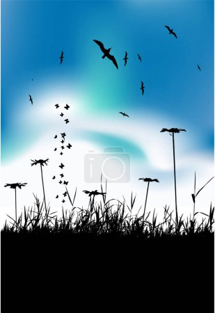 Illustration for Illustration of a flock of birds on a background of the grass - Royalty Free Image