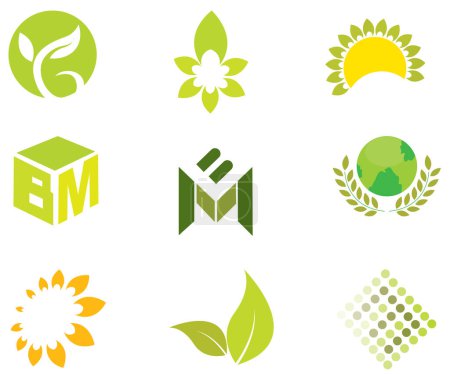 Ilustración de Diseño del logotipo del vector conjunto de hojas verdes, plantilla de logotipo natural con alimentos orgánicos - Imagen libre de derechos
