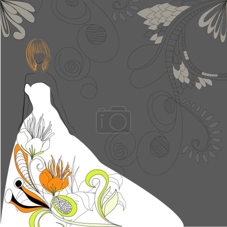 Téléchargez les illustrations : Fond floral abstrait de fille avec des fleurs et des oiseaux - en licence libre de droit