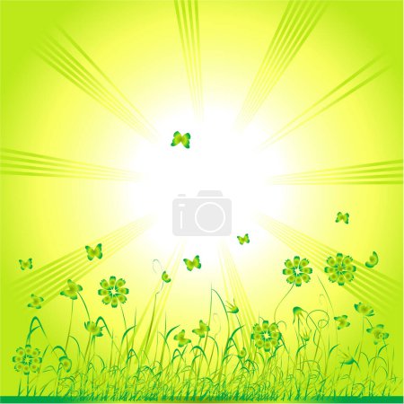 Illustration for Green meadow with flowers and sun - Royalty Free Image