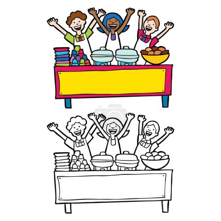 Téléchargez les illustrations : Enfants heureux s'amuser dans la cuisine - en licence libre de droit