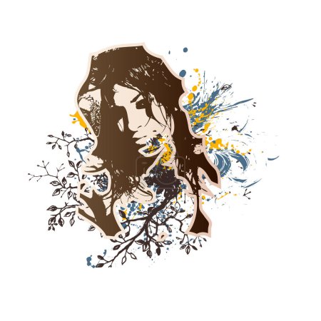 Ilustración de Chica con pelo largo y estampado floral, ilustración vectorial - Imagen libre de derechos