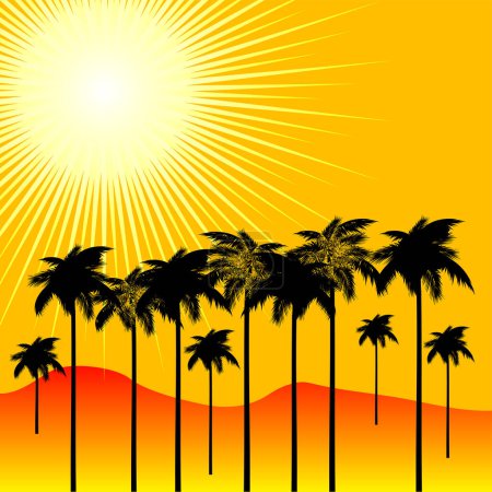 Téléchargez les illustrations : Palmiers avec soleil et coucher de soleil, illustration vectorielle - en licence libre de droit
