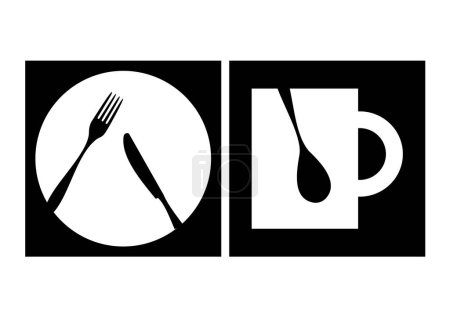 Téléchargez les illustrations : Cuillère et fourchette avec une tasse de thé et une tasse de café. modèle de logo vectoriel. silhouette noire du logo du café - en licence libre de droit