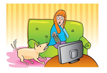 Téléchargez les illustrations : Femme avec chien regardant la télé. illustration vectorielle. - en licence libre de droit