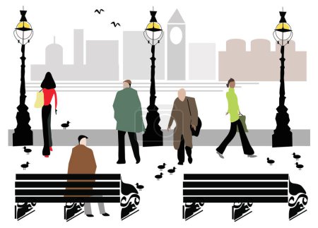Illustration for People on street with benches, vector illustration - Royalty Free Image