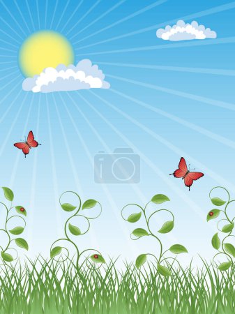 Ilustración de Ilustración vectorial de hierba verde y mariposas durante el día soleado - Imagen libre de derechos