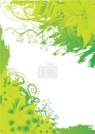 Téléchargez les illustrations : Fond vert avec fleurs et feuilles, illustration vectorielle - en licence libre de droit