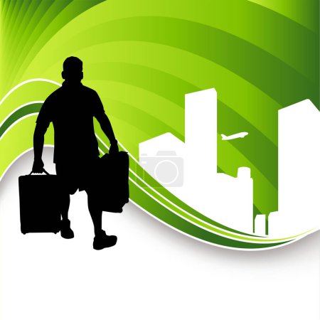 Téléchargez les illustrations : Homme d'affaires avec bagages sur le fond de la ville. illustration vectorielle. - en licence libre de droit