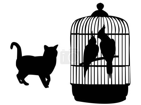 Téléchargez les illustrations : Silhouette noire de chat et d'oiseaux en cage - en licence libre de droit