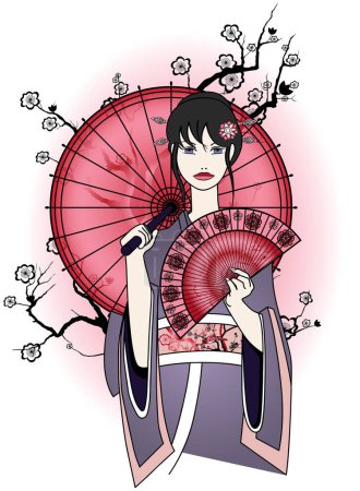 Téléchargez les illustrations : Japonais fille en kimono, style oriental, illustration vectorielle - en licence libre de droit