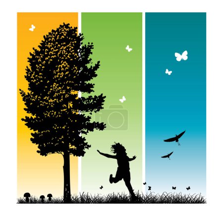 Téléchargez les illustrations : Illustration vectorielle d'une belle fille avec un arbre - en licence libre de droit