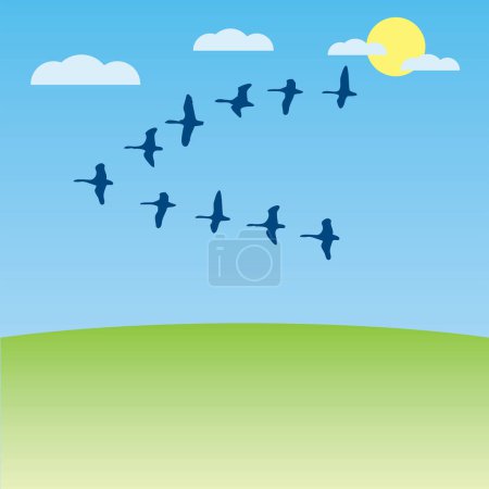 Ilustración de Ilustración vectorial con una bandada de aves en el cielo - Imagen libre de derechos