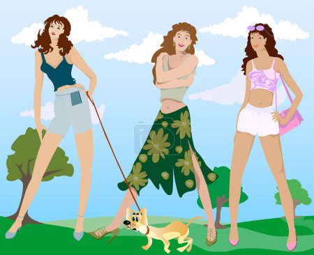 Ilustración de Mujeres en el parque con perro, ilustración vectorial - Imagen libre de derechos